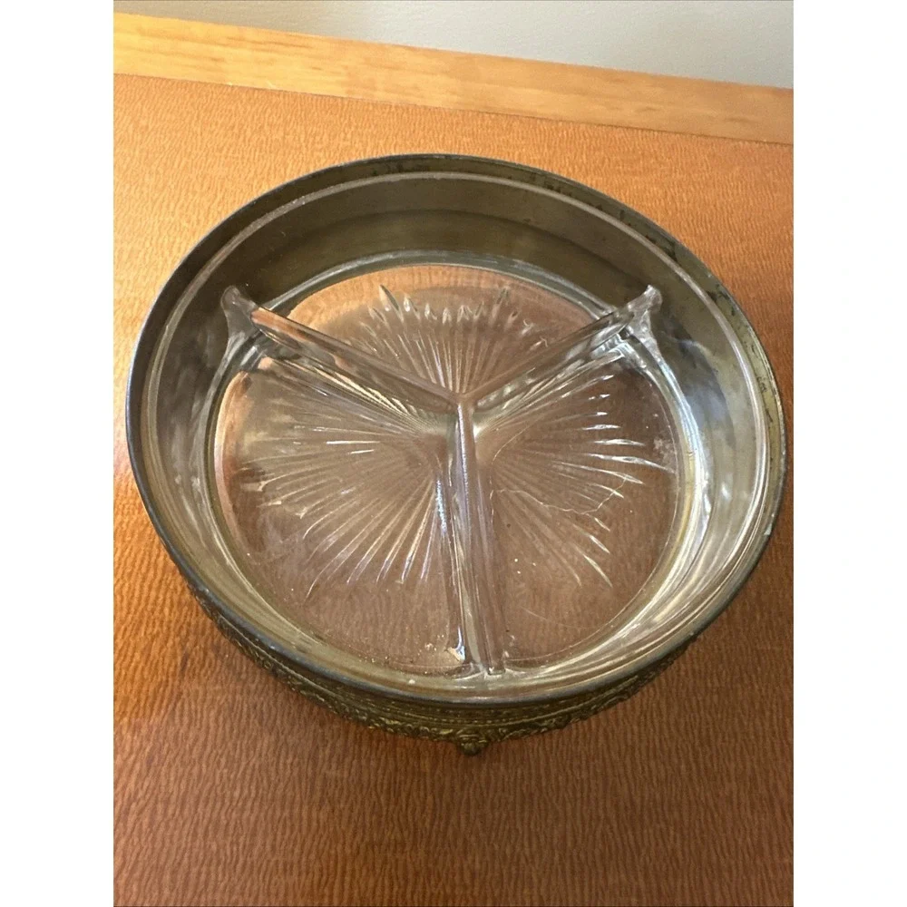 Antique Brass PNCW Triple Divided covered Trinket/Candy Dish‎